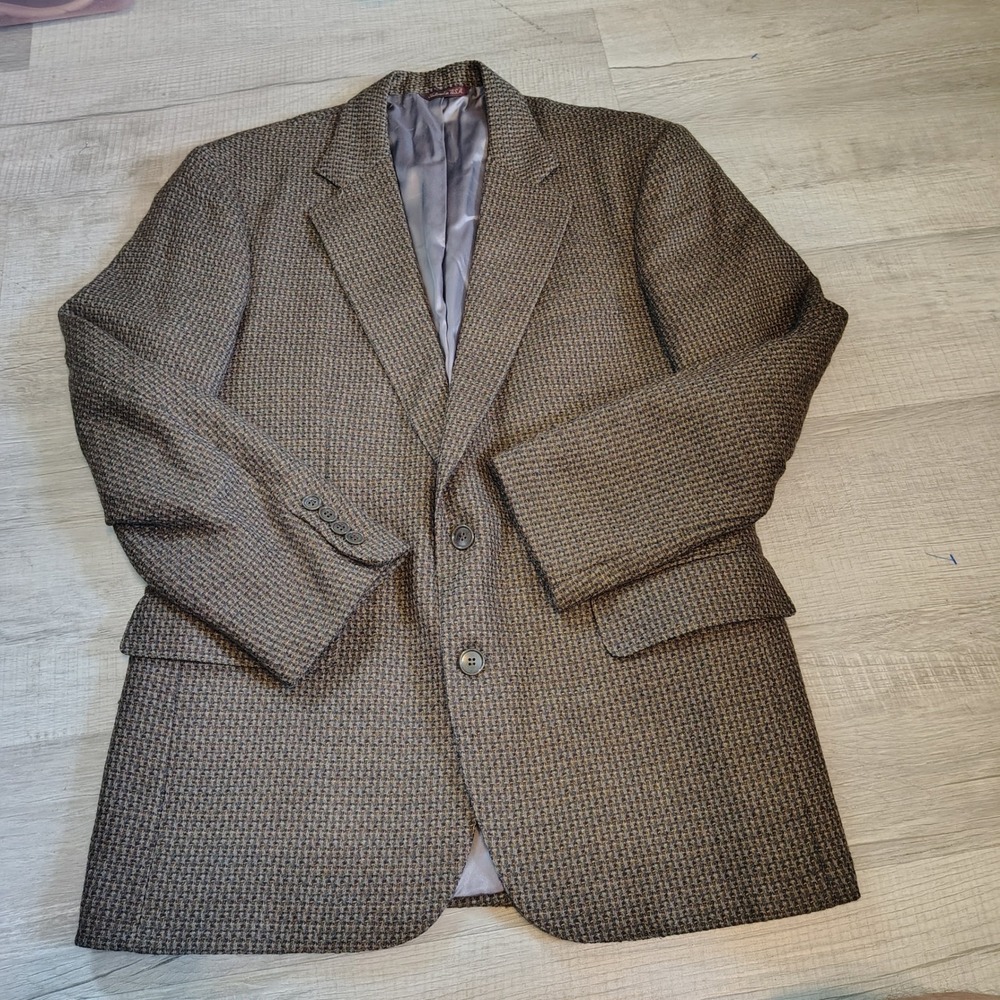 Lands End VTG Mens Wool Blazer 38R Brown Houndstooth Check Sport Coat Vintage
